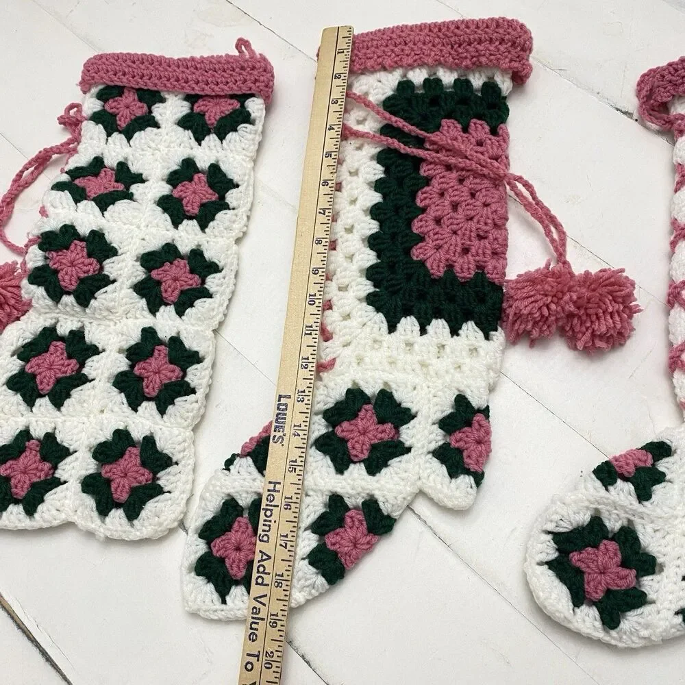Vtg Handmade Lot of 3 Crochet Granny Square Christmas Stockings Green Pink White
